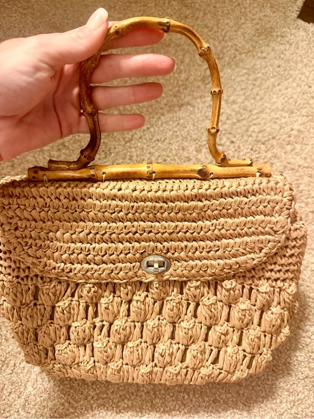 Rare Mid-Century Vintage Japanese Handwoven Straw Bag with Bamboo Handles